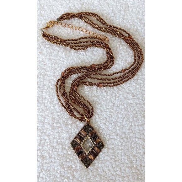 Boho Chic Handcrafted Rhinestone Pendant Metallic Seed Bead Necklace  17-19.5 in - Picture 5 of 6